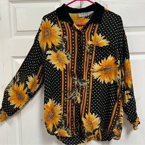 Vintage Sunflower Print Long Sleeve Button Down Shirt Size M Blouse